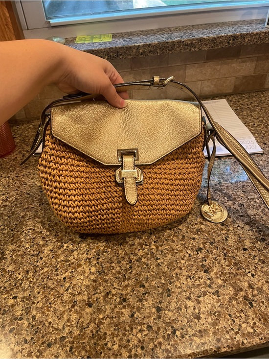 Michael Kors Handbags - Michael Kors Tan Straw Crossbody with Gold Flap